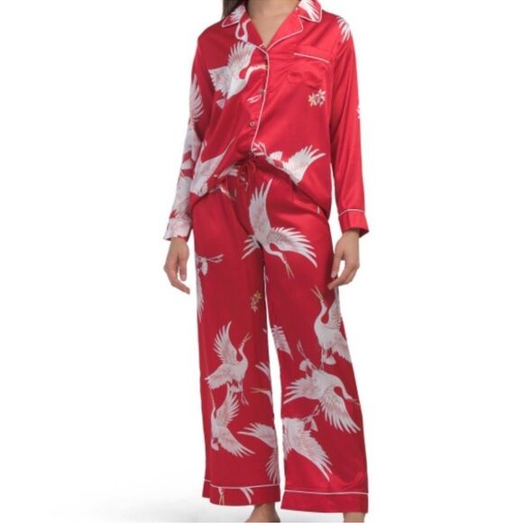 DALIA MACPHEE Other - DALIA MACPHEE M & L Red White Satin Ibis Bird Print Long Sleeve Long Pant PJ Set